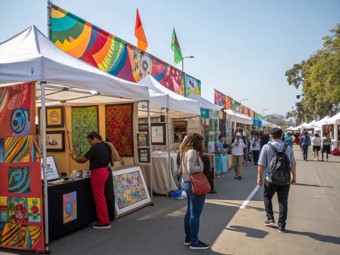 A vibrant scene of local artists and community members interacting at a WHITE CUBI-organized outdoor art fair, with colorful booths, displayed artworks, and smiling faces under festive banners.