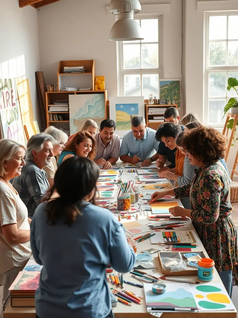 A dynamic image of a lively art workshop in progress, with participants of various ages painting and sculpting together around large tables, surrounded by creative materials. This image will be used to represent WHITE CUBI’s educational and community workshops.