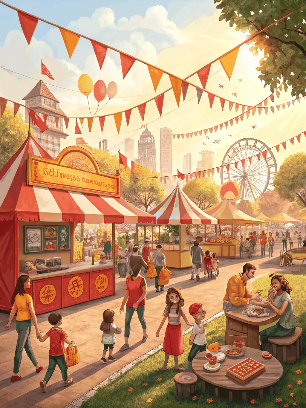A vibrant photo of an outdoor art festival, featuring artists’ booths, live performances, and visitors enjoying the festive atmosphere under colorful banners. This image will be used to showcase WHITE CUBI’s involvement in public art events.