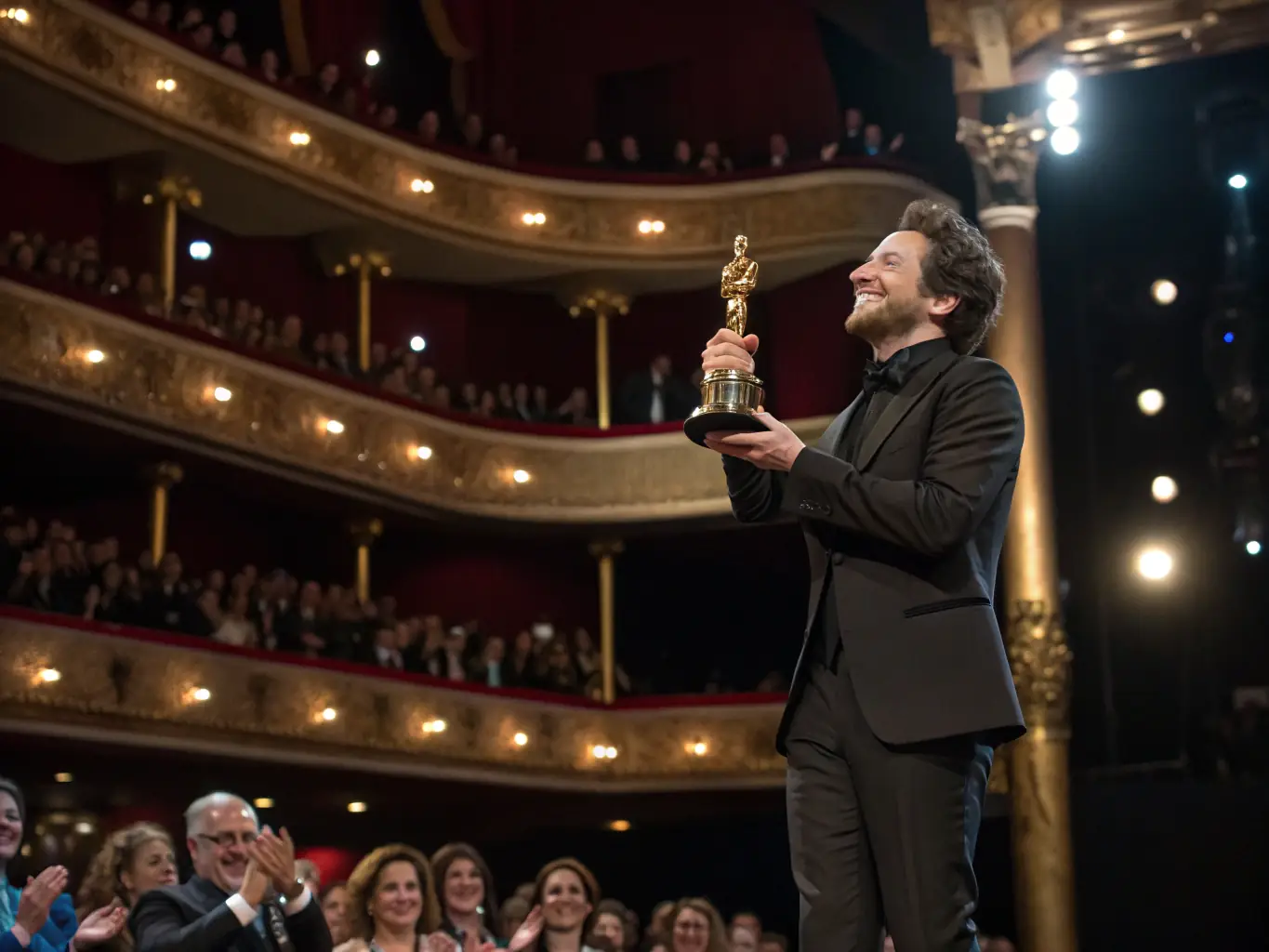 An energetic scene of an art contest award ceremony, with artists receiving certificates, displayed artworks in the background, and an enthusiastic audience applauding the winners.