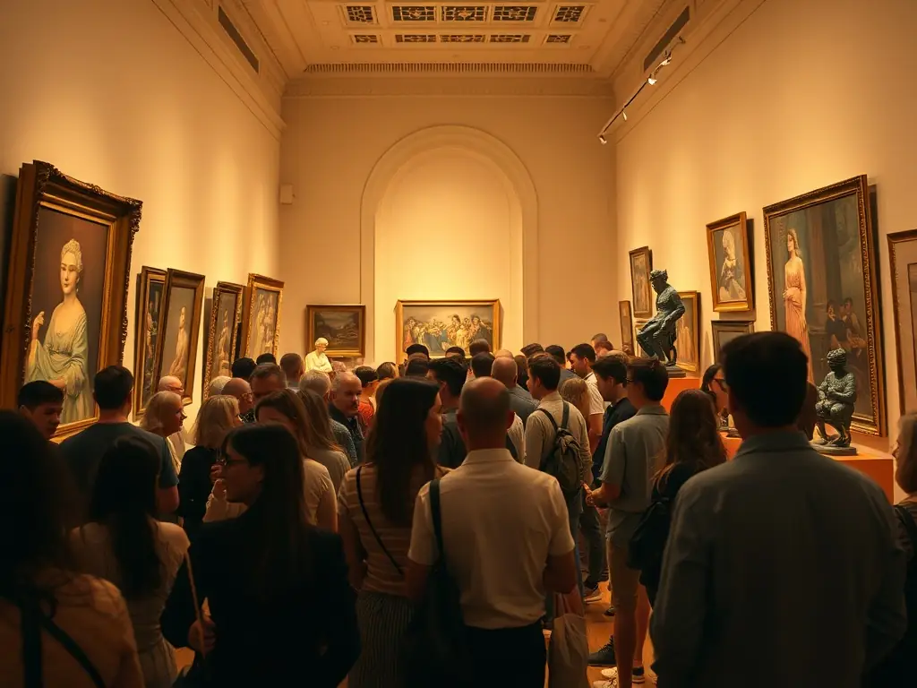 A dynamic image of a WHITE CUBI exhibition opening night, with diverse visitors admiring contemporary artworks, artists engaging in conversation, and a sense of excitement in a modern gallery space.