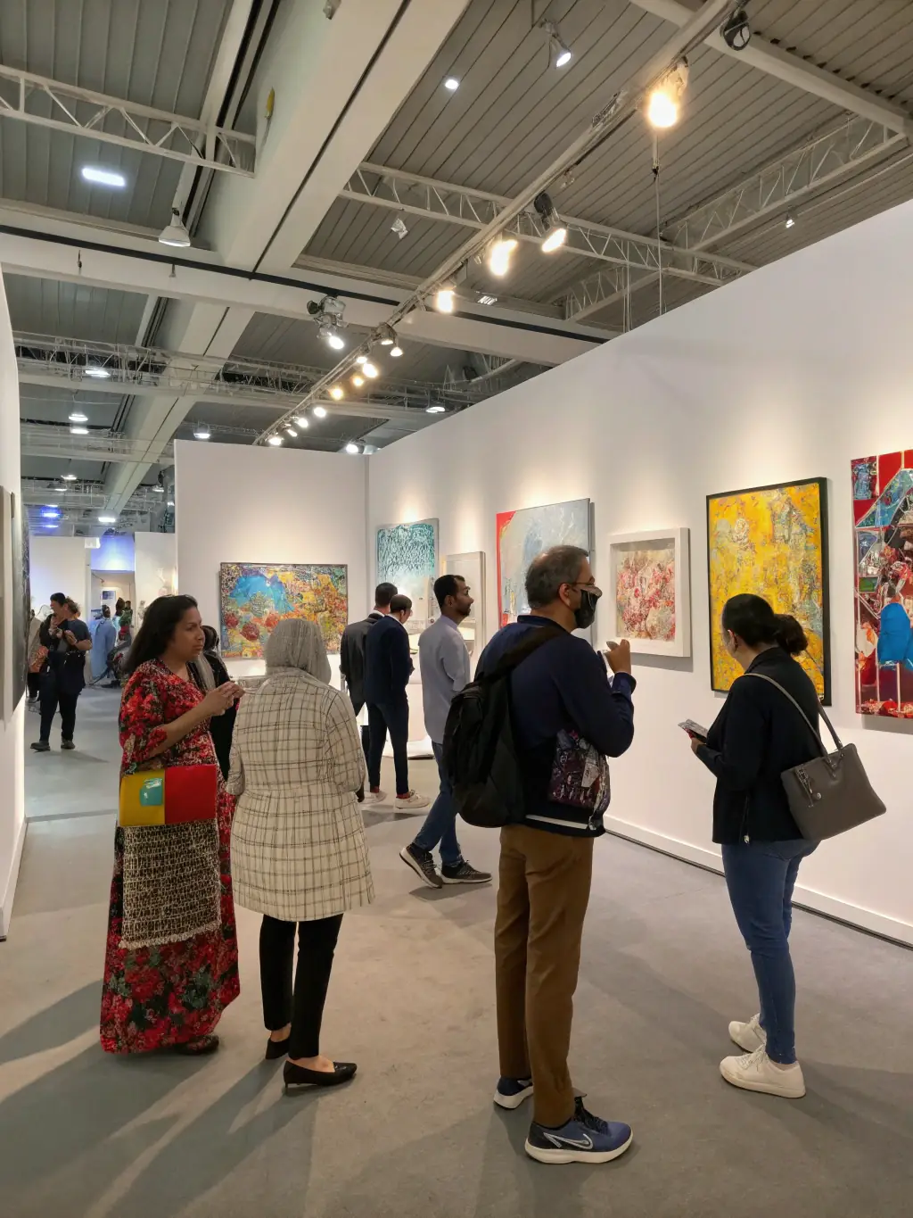 A candid image of an art exhibition opening, with visitors engaging with artists and viewing contemporary artworks in a modern gallery space.