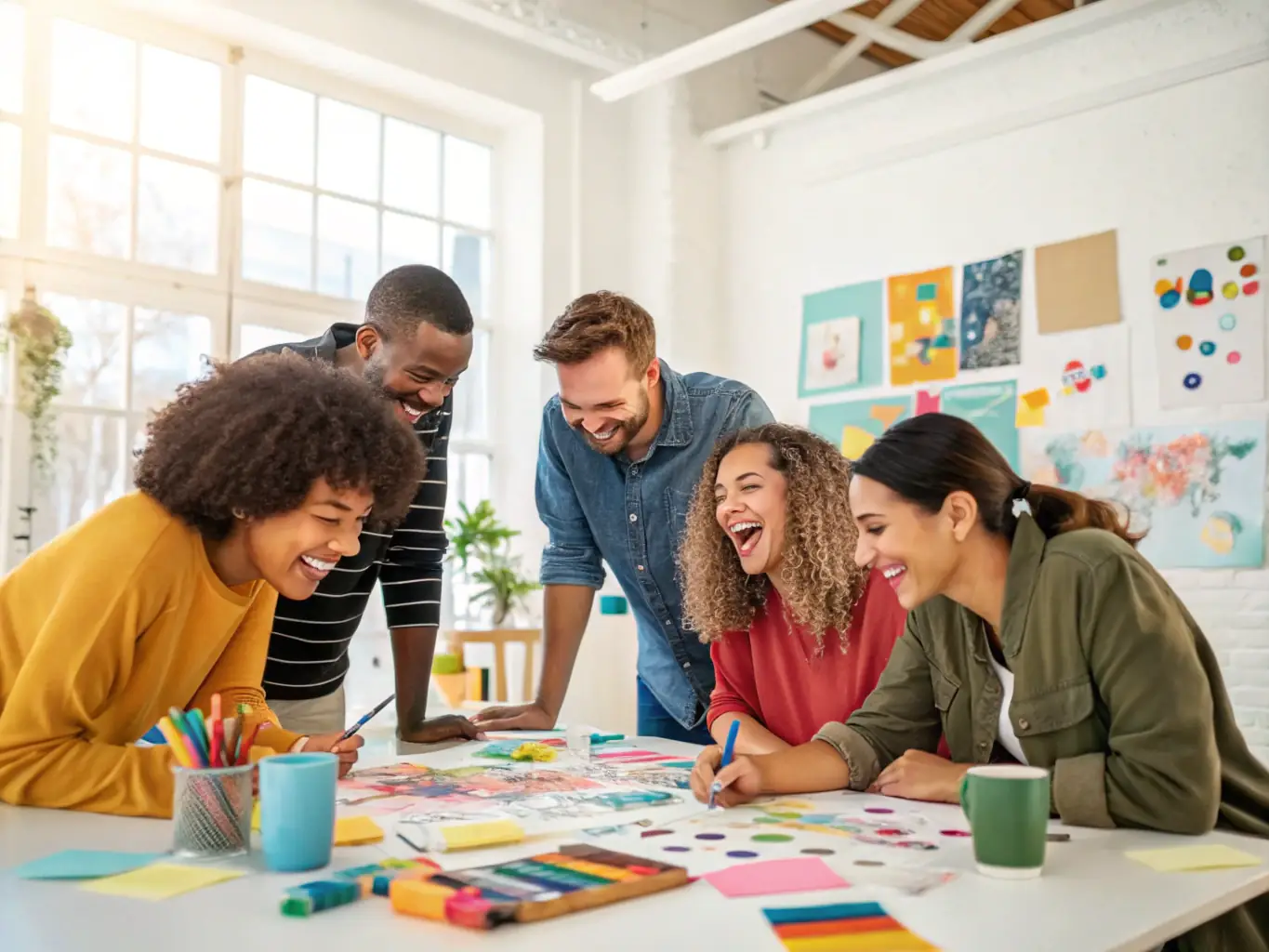 A group of artists collaborating in a creative studio, brainstorming ideas, sketching, and discussing concepts, with diverse art materials and inspirational mood boards visible.