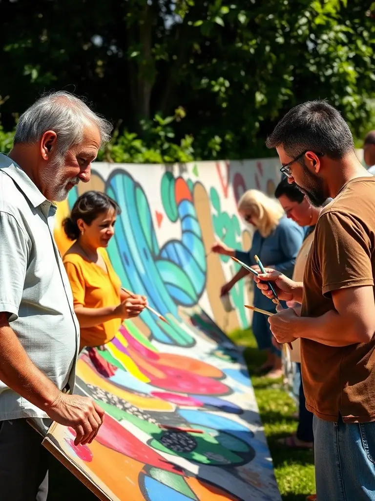 A heartwarming scene of community members and artists painting a mural together outdoors, symbolizing social impact and neighborhood engagement.