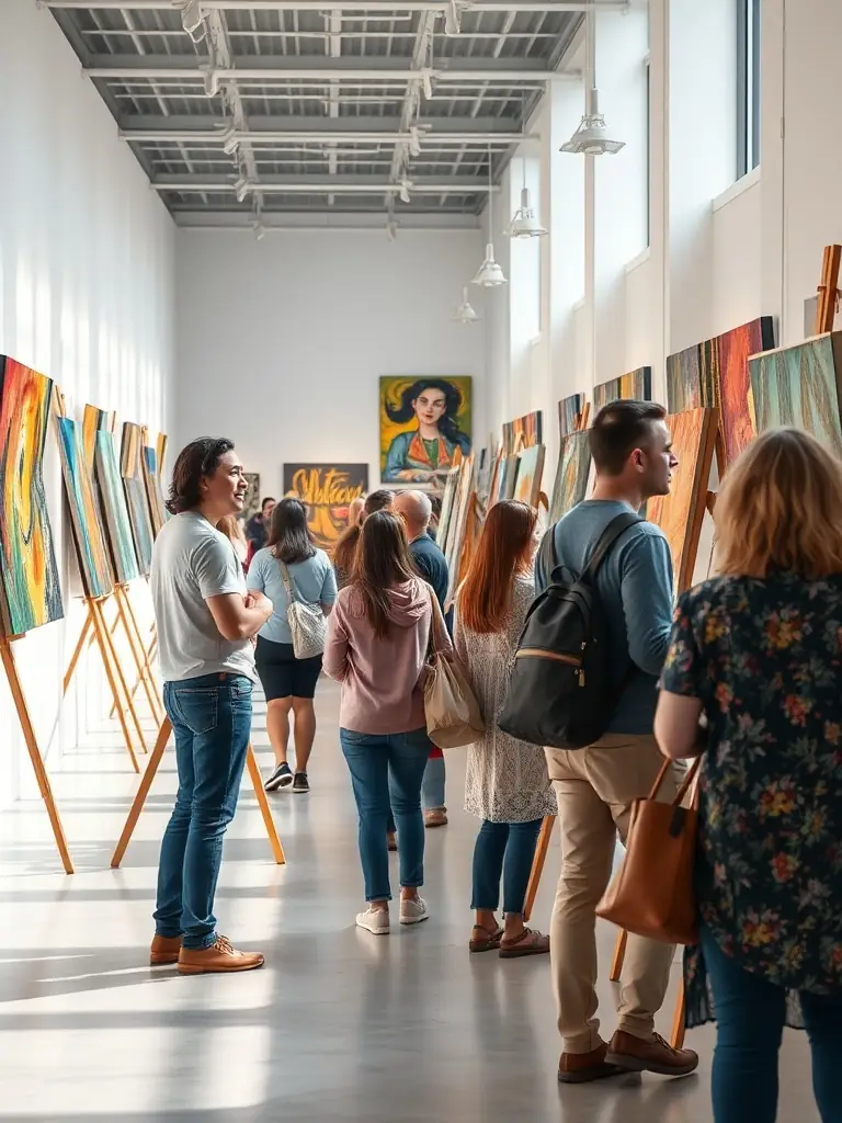 A candid photograph of a group of artists setting up their installations in a bright, modern gallery space, with colorful contemporary artworks visible in the background. This image will be used to illustrate WHITE CUBI’s hands-on support for artist exhibitions.