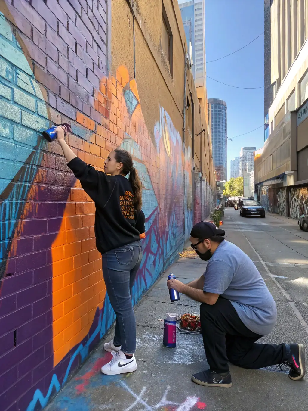 A professional image of two artists collaborating on a large mural, with sketches and paint supplies scattered around, highlighting teamwork and creative exchange. This image will be used to illustrate WHITE CUBI’s collaborative projects.