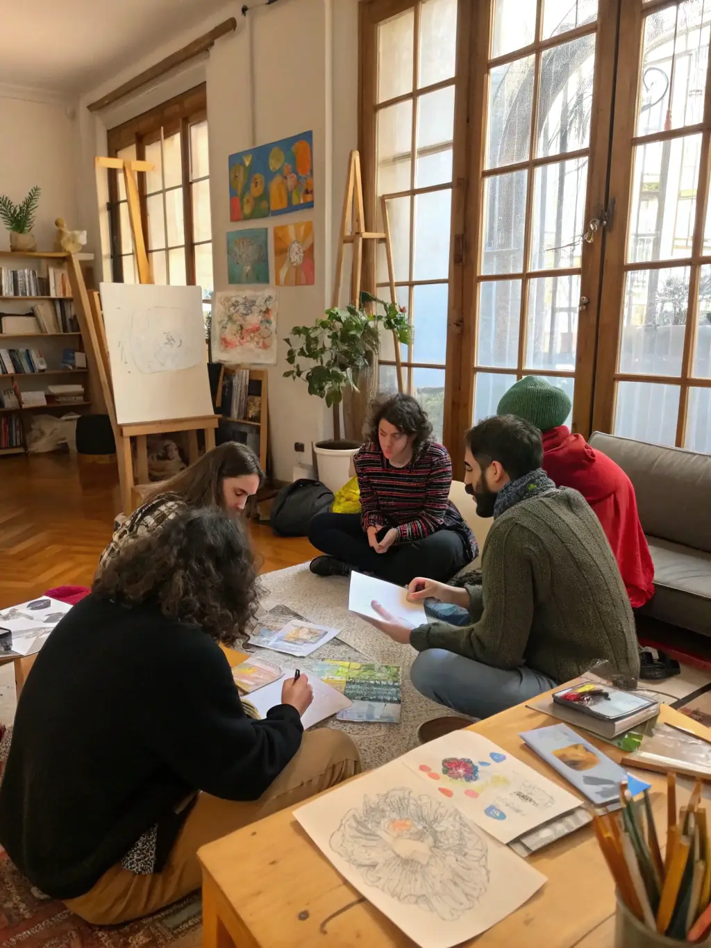 A close-up of artists discussing project ideas around a table, with sketches and digital devices, illustrating active collaboration and idea exchange.