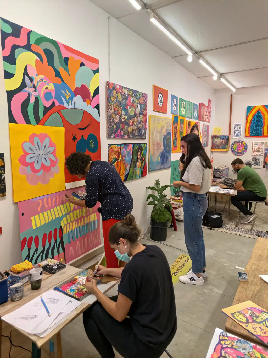 A vibrant photo of a diverse group of artists collaborating in a sunlit studio, surrounded by canvases and creative materials, representing WHITE CUBI’s artist collective in action.