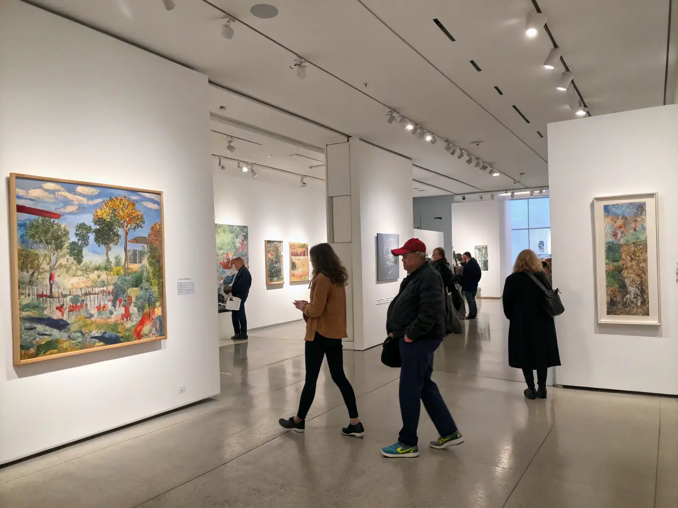 A vibrant gallery scene with artists installing contemporary artworks, visitors engaging with the pieces, and WHITE CUBI staff facilitating the exhibition in a modern, well-lit space.
