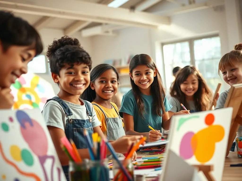 A candid photograph of a group of children and adults participating in a hands-on art workshop led by a WHITE CUBI artist, with paint, brushes, and canvases in a bright, welcoming studio.